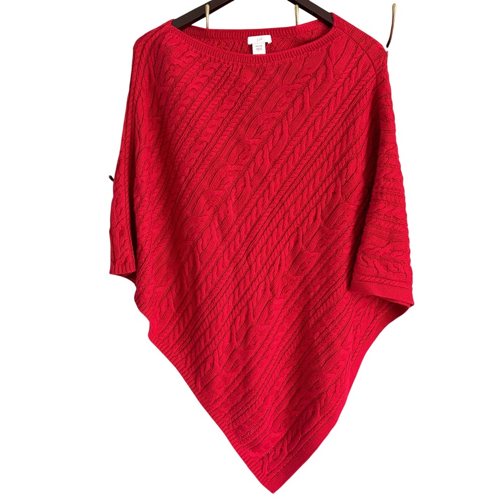 J. Jill True Red Cable Knit Poncho One Size Cotton Blend Asymmetrical Wrap